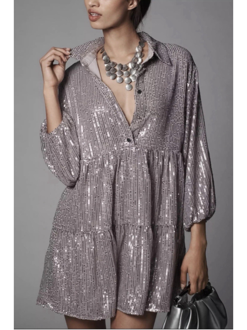 Anthropologie Meave NWT Bettina Tiered Shirt Dress S Mini Sequin Edition Silver